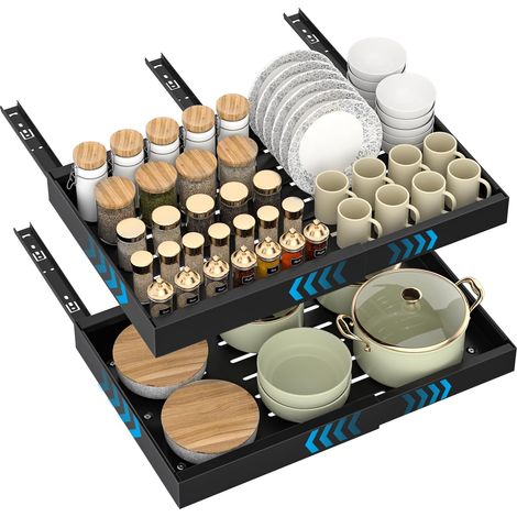 DAYONE 2 Packs Pull Out Cabinet Organizer Black, Carbon Steel 32-52cm Adjustable Slide Out Drawers with Adhesive Nano Film No Drill, Under Sink Pull-Out Drawer Cabinet Storage for Kitchen (1/5)