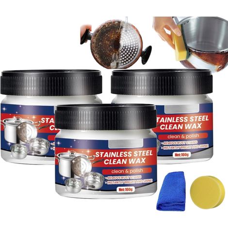 Stainless Steel Clean Wax, Déartrant Et Degraissant Clean Four Et Grill, Nano-Technology Stainless Steel Cleaning Paste, Nettoyant Pour Acier Inoxydable Nettoie Avec éponge (3PC) (1/5)