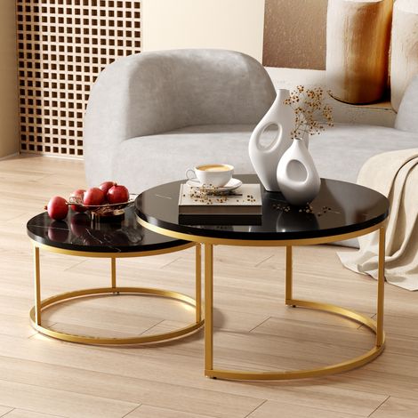 Nesting Tische MDF Schwarz-Gold mit Marmoroptik, 2er-Set Couchtische 80 cm, Metallgestell goldfarben