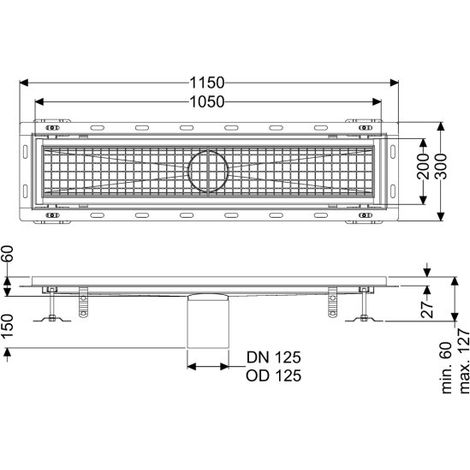 Caniveau Ferrofix avec angle de raccordement pour carrelage, 200 x 1050 mm