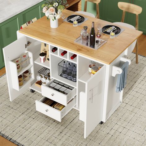 Îlot buffet 120x73(45)x92cm – Plan pliable – Porte-serviettes – Étagère épices – Casier bouteilles – Blanc/noir (1/5)