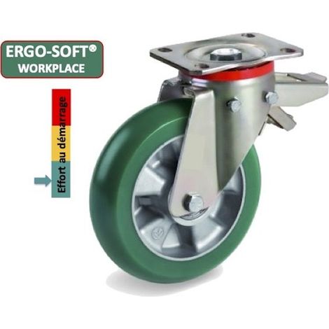 Roulette pivotante à frein diamètre 200 mm roue polyuréthane vert ERGO-SOFT® - 700 Kg (1/2)