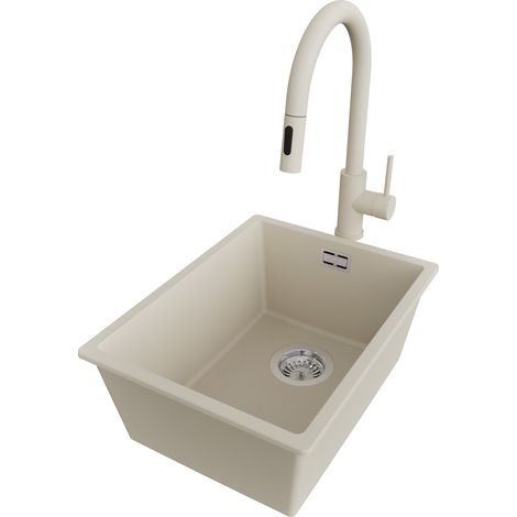 PRIMAGRAN Evier Sous Plan 36x47cm,Evier en Granit 1 bac + Robinet 40x20cm + Kit de Vidage, Évier au meuble 40cm - London, Beige (1/5)