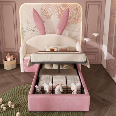 Cama juvenil tapizada 90x200 cm con mesita de noche con almacenaje, arcón hidráulico, terciopelo beige y rosa (1/5)