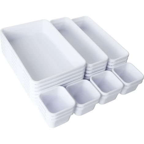 Organizadores de cajones de 24 piezas para oficina/cocina, 3 tamaños, plástico blanco.