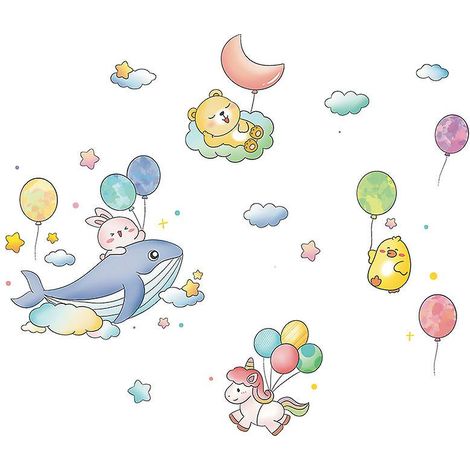 Ensemble d'autocollants muraux écologiques représentant des animaux, des nuages et des ballons, pour la décoration de chambre d'enfant. (1/5)
