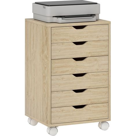Commode de bureau à 6 tiroirs avec 4 roulettes et serrure, 40 x 35 x 63 cm, chêne (1/5)