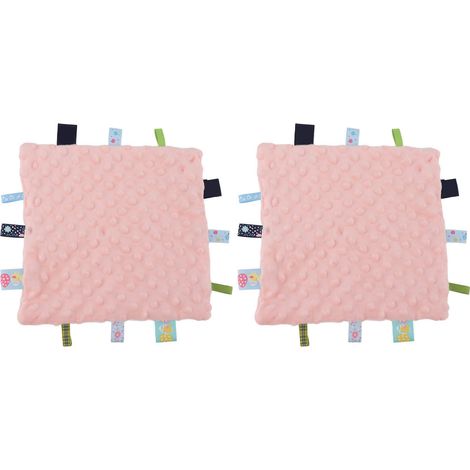 Lot 2 couvertures de sécurité bébé en coton pur avec étiquettes colorées, développement sensoriel 3D, couverture de confort rose, 2 pièces (1/5)