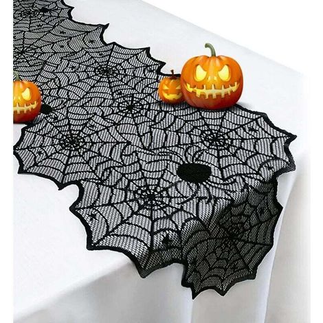 Halloween-Tischdecke – Schwarze Spitzentischdecke mit Spinnennetzmuster für Halloween-Dekorationen, Polyester-Tischdecke mit Spinnennetzmuster für Halloween-Tafeldekorationen mit Masken, 45-Crezuo