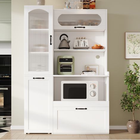 Credenza alta in MDF bianco con vetro rigato, 98x40x177 cm, ripiani regolabili, cassetto e piano estraibile