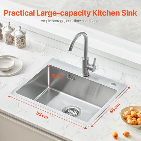 Évier de cuisine, 55 cm, évier à montage par le haut en acier inox 304, évier à poser à encastrer cuve simple avec accessoires, évier de lave-vaisselle ménager pour camping-car, cuisine, bar (1/5)