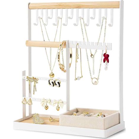 Expositor de joyería grande e independiente con bandeja y ganchos, para collares, anillos y pendientes, para dormitorio o vestidor. (1/5)
