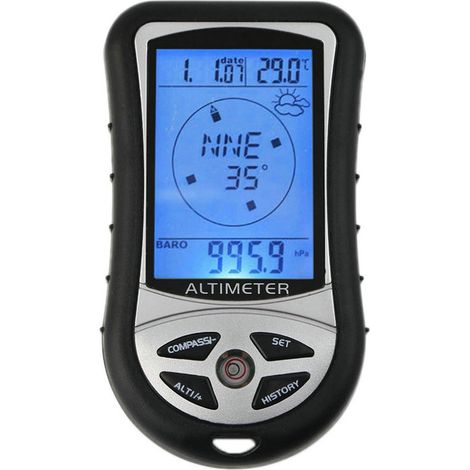 Altímetro, retroiluminación, pronóstico del tiempo, reloj, altímetro, termómetro y barómetro. (1/5)
