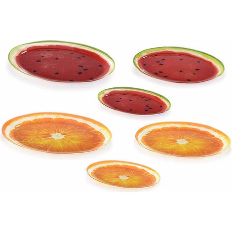 Piatti portata / vassoi ovali in vetro con stampa frutti estivi, set da 2 pezzi, Grande: cm 34,5 x 24,5 H
