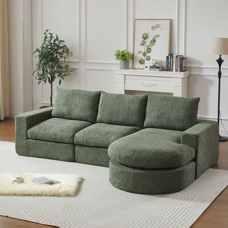 Canapé modulable en chenille vert avec chaise longue réversible, 250 x 160 x 80 cm, REDOM (1/5)