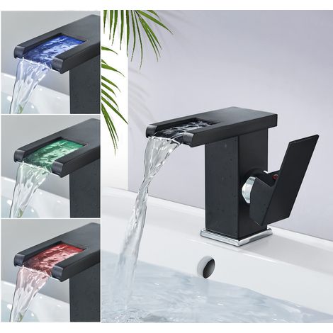 Suguword – Robinet lavabo cascade LED noir – Monocommande en laiton – Eau chaude et froide – Bec ouvert pour écoulement doux (1/5)
