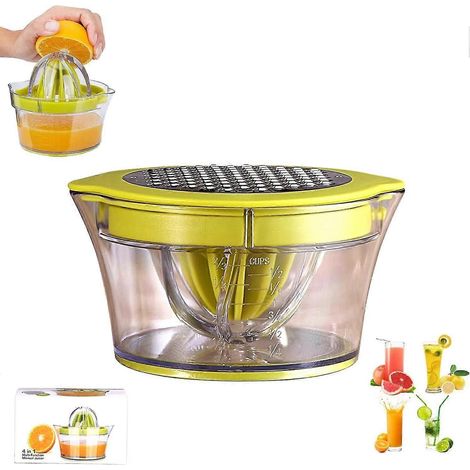 Presse-agrumes manuel multifonctionnel 4 en 1 pour oranges et citrons, avec récipient de 400 ml, passoire et courroie en plastique. (1/5)