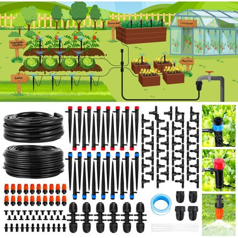240 Fuß Tropfbewässerungssystem, automatisches Tropfbewässerungsset mit 1/2-Zoll-Schlauch, 1/4-Zoll-Verteilungsschlauch und Zubehör, für Rasen und Hochbeete.