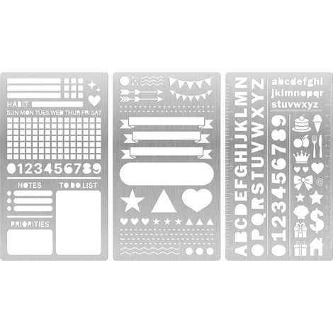 Lot de 3 pochoirs métalliques pour agenda et journal intime - Modèles réutilisables pour listes, icônes et chiffres, parfaits pour les bullet journals et accessoires de planification quotidienne (1/5)