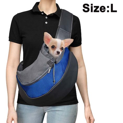 Sac de transport bandoulière pour chien et chat, en maille respirante, mains libres, avec bandoulière rembourrée réglable, poche avant et bandoulière unique.