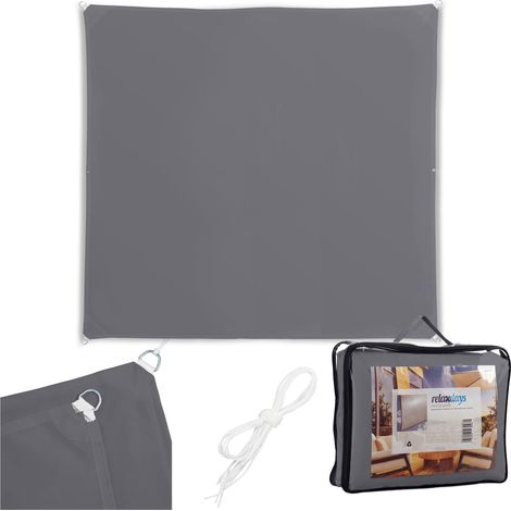 Relaxdays Shade Sail, 4x4 m, polyester, waterproof, eyelets & guy ropes, square, dark grey