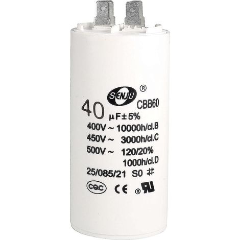 Condensateur 40 µF 450 V CA à double prise 50/60 Hz, cylindrique 94 x 45 mm, blanc, pour compresseur d'air, pompe à eau et moteur (1/5)