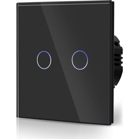 Interrupteur Tactile Normal Commutateur d'éclairage Mural Compatible avec la lumière LED Écran Tactile en Verre 110V-240V Plaque de Cristal Trempé avec Rétroéclairage Bouton 2 Gang 2 Voie Noir (1/5)