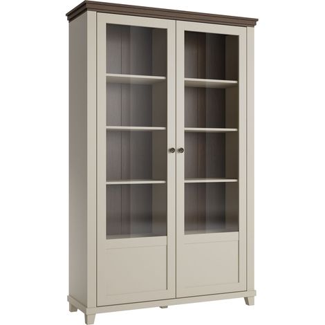 Estantería Tolnue 102, Beige claro + Roble, Con puertas, Cerrable, Vidrio, MDF, Aglomerado laminado, Número de puertas: 2, Número de cajones: 0, 200x126x42cm