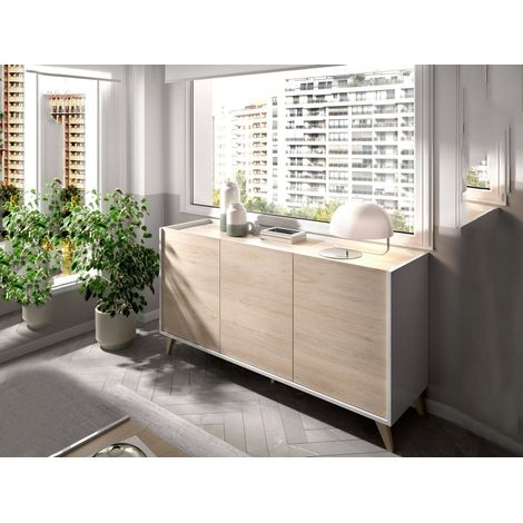Dmora - Aparador Avez, Buffet para salón, Aparador moderno para salón con 3 puertas, 155x43h75 cm, Roble y Blanco (1/5)