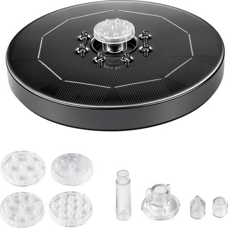 Fontaine Solaire Extérieur Flottante 3W Pompe, Pompe à eau solaire photovoltaïque avec lumière + 8 buses transparentes 1500 mAh, valeur Wh 5,55