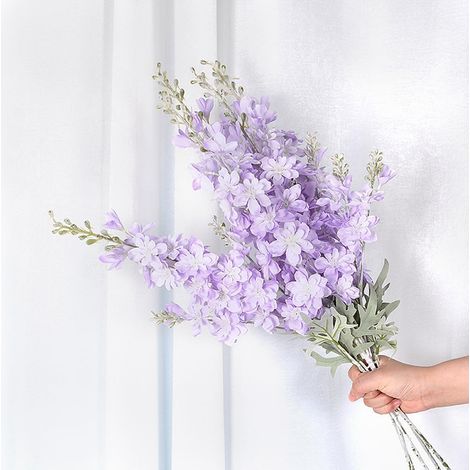Lot de 5 fleurs de delphinium Ajacis artificielles à tige longue en soie pour table, cuisine, maison, jardin, fête, mariage (violet) (1/5)