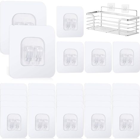 Ganci adesivi senza foratura, 6x6 cm, per mensole di doccia, cucina o bagno, portata 5 kg, confezione da 30, per uso intensivo.