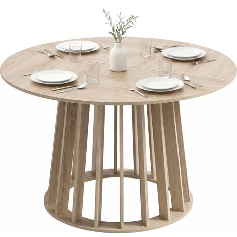 Table à Manger Ronde pour 4 à 6 Personnes, Ø 120 x 75 cm, Table de Cuisine avec Piétement à Lattes Robuste, Bois Naturel (1/5)
