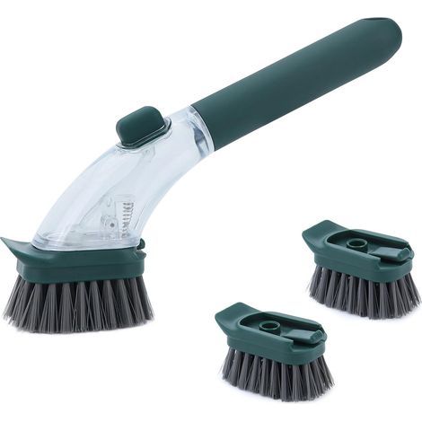 Seifenspenderbürste mit Griff, Küchenutensilienbürste, ideal zum Reinigen von Töpfen, Pfannen und Spülbecken (dunkelgrün) mit 2 Bürstenköpfen (1/5)