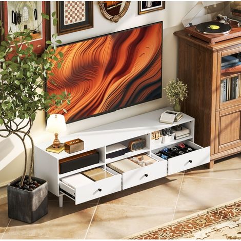 Meuble TV en bois blanc 140x34x45 cm, 3 niches ouvertes, 3 tiroirs, passe-câbles, pour TV jusqu'à 75 pouces (1/4)
