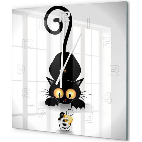 Grande Horloge Murale Carrée Facile à Lire en Verre Silencieuse Salon Cuisine Bureau Chat et souris 60x60 cm (1/5)