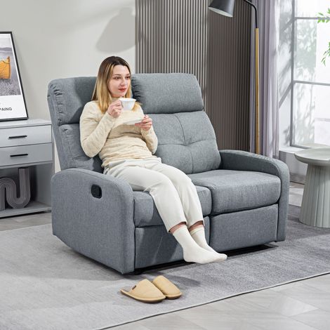 Sofá de 2 Plazas Reclinable Manual Tapizado en Lino con Reposapiés y Acolchado Grueso 118x95x101 cm Gris (1/5)