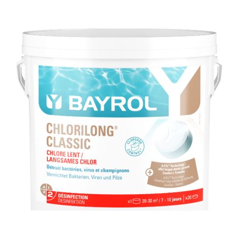 Bayrol – Désinfectant chloré de piscine Chlorilong Classic 5kg – Galets de chlore stabilisé – Libération lente et régulière – Protection contre bactéries et algues (1/5)