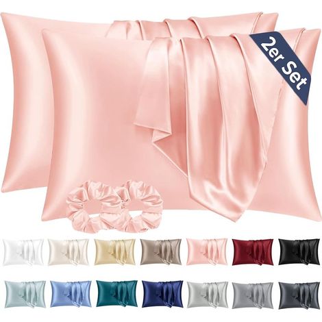 Lot de 2 taies d'oreiller en satin 50x70 pour cheveux, similaire à une taie d'oreiller en soie, taie d'oreiller rose50x70 et 2 bandeaux en satin (1/5)