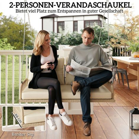 Balançoire suspendue 2 personnes en rotin beige avec coussins et chaînes, charge max 240 kg, 115x66x44 cm (1/4)