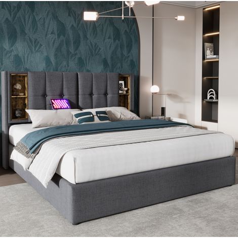 lit adulte lit coffre rangement 140x200 coton gris OKMYHOME (1/5)