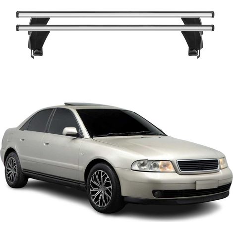 OMAC Dachträger Querträger Alu für Audi A4 B5 Limo 1994-2001 – Abschließbar – T-Nut – City-Crash-getestet – Max. 50 kg Silber (1/5)