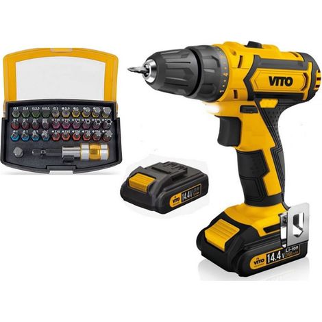 Perceuse Visseuse 14.4V + 2 Batteries Lithium 2Ah + Coffret 32 Embouts + Chargeur et Mallette VITO (1/5)