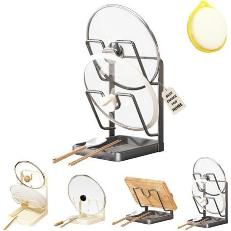 Support de rangement pour couvercles de casseroles, organisateur multifonction en acier inoxydable pour casseroles et poêles avec égouttoir amovible, porte-spatules à deux compartiments. (1/5)