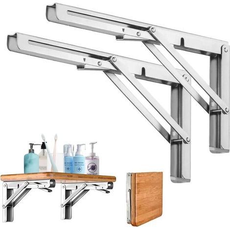 Equerre Etagère Pliante 300MM, 2Pcs Support Console Pliable en Acier Inoxydable, Équerre pour Étagère Murale Pliants avec Vis de Fixation pour Garage, Cuisine, Jardin (1/4)