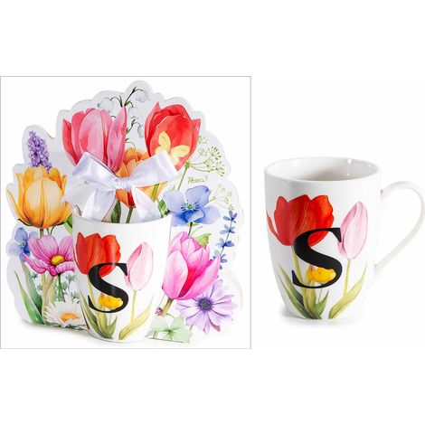 Tasses en porcelaine imprimé floral et initiale S en coffret cadeau découpé avec nœud, lot de 3, tasse diam. 8 cm x H. 10,5