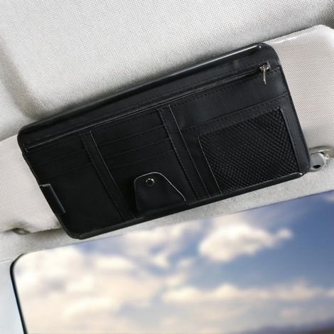 Organisateur de pare-soleil de voiture, étui de rangement en cuir pour accessoires intérieurs auto, pochette pour carte d'immatriculation, clé, carte, téléphone portable, factures et documents. (1/5)