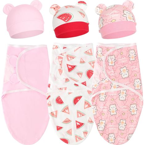 Ensemble de Couvertures Emmaillotables pour Nouveau-né Bonnet Emmaillotage Imprimé Sac de Couchage Ajustable pour 0-3 Mois Filles et Garçons (1/5)