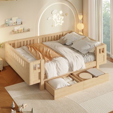 Lit plateforme 140x200 cm avec haut garde-corps de sécurité et 2 grands tiroirs de rangement, lit enfant gain de place, bois massif et MDF, Naturel (1/5)