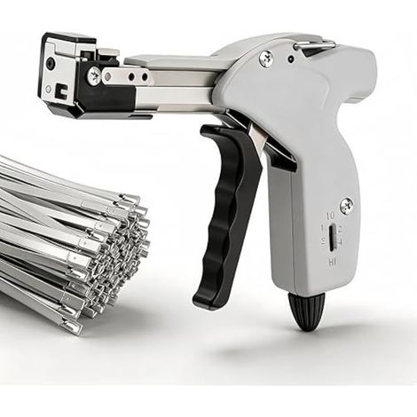 Pince à Colliers de Serrage, Kit de Pistolet à Attaches en Métal avec 200 Colliers de Serrage en Acier Inoxydable Pistolet à Attache en Métal à 4 étapes avec Outil de Serrage et de Coupe Automatique (1/5)